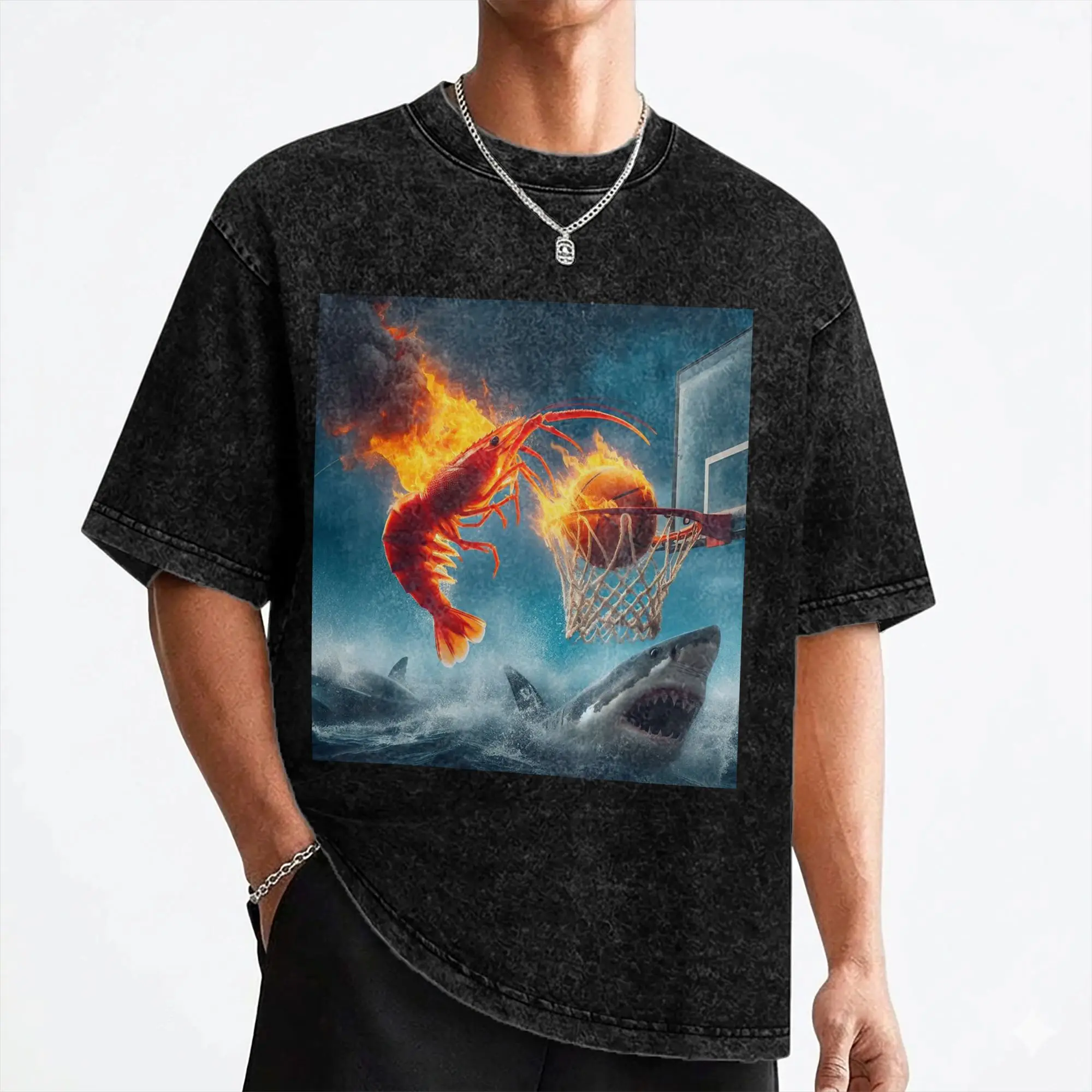 Shrimp Dunking on Shark Meme  T Shirt Washed 100% Cotton High Street T-Shirt  Fashion Men Women Streetwear Summer Tees