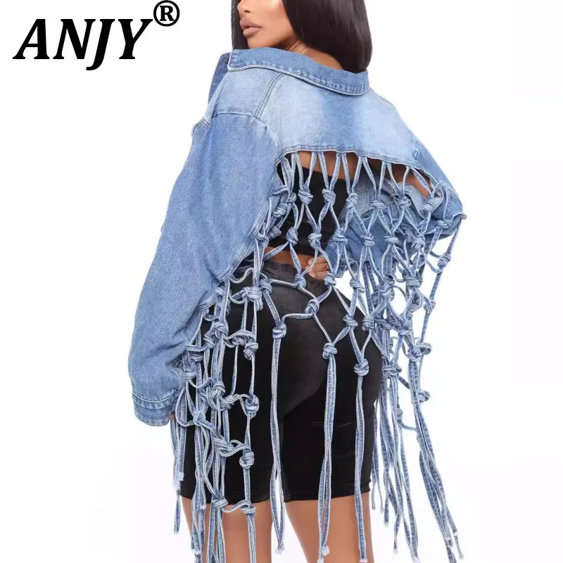 

ANJY Women Vintage Streetwear Denim Short Jacket Niche Design Back Grid Hollow Out Tassel Single Breasted Stylish Y2K Coat A8882