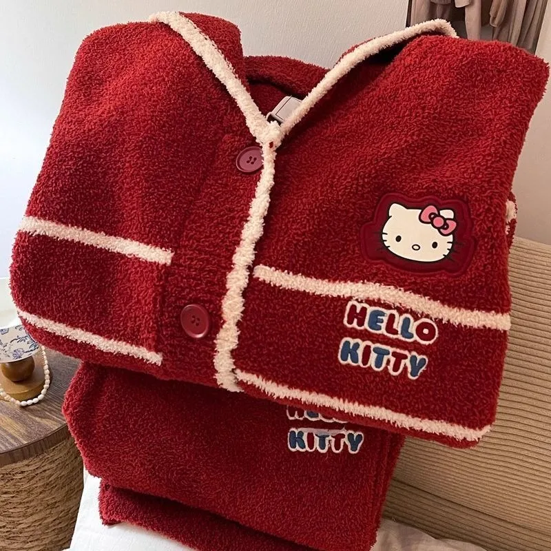 

Autumn and winter Sanrio's new cute Hello Kitty skin-friendly warm thickened soft pajamas women's home wear gifts wholesale