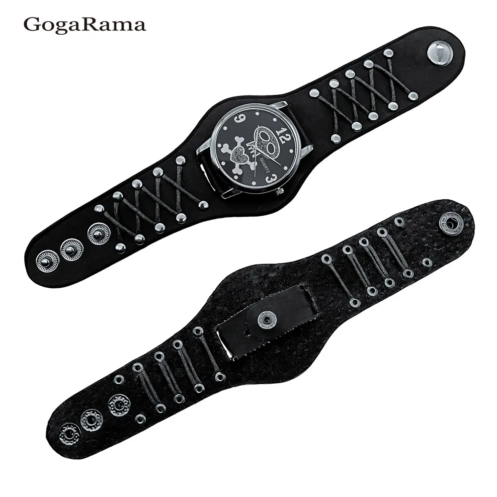 GOGARAMA-Reloj de pulsera de cuarzo para hombre, pulsera con botón de números de pesadilla antes de Navidad, correa de cuero, Calavera, Punk, regalos de cumpleaños y Halloween