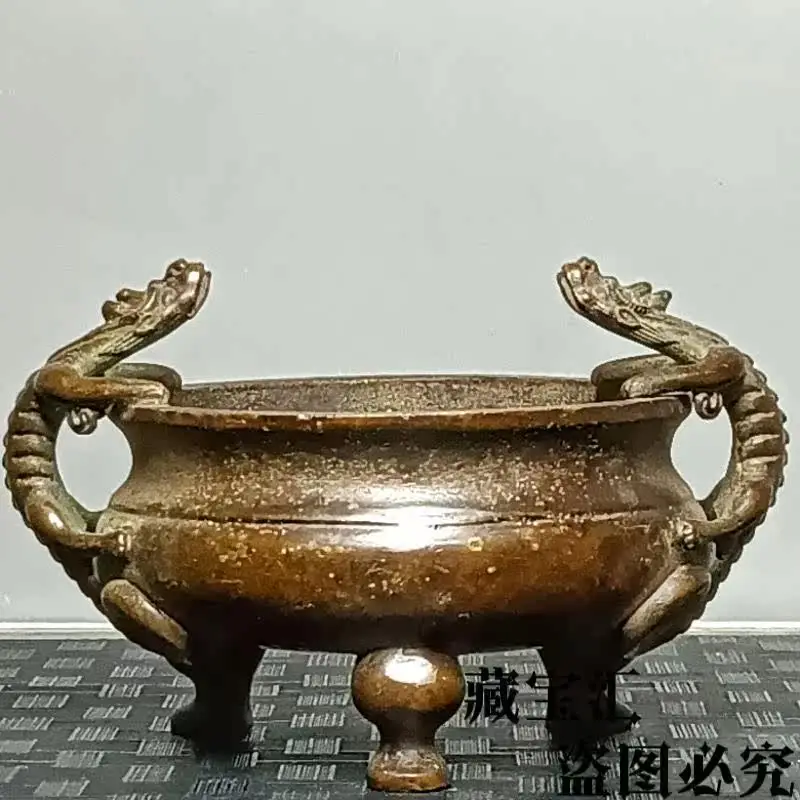 Vintage Handmade Full Pure Copper Incense Burner Old Collection Qing Qianlong Mark Double Dragon Ears Three Footed Copper Tripod