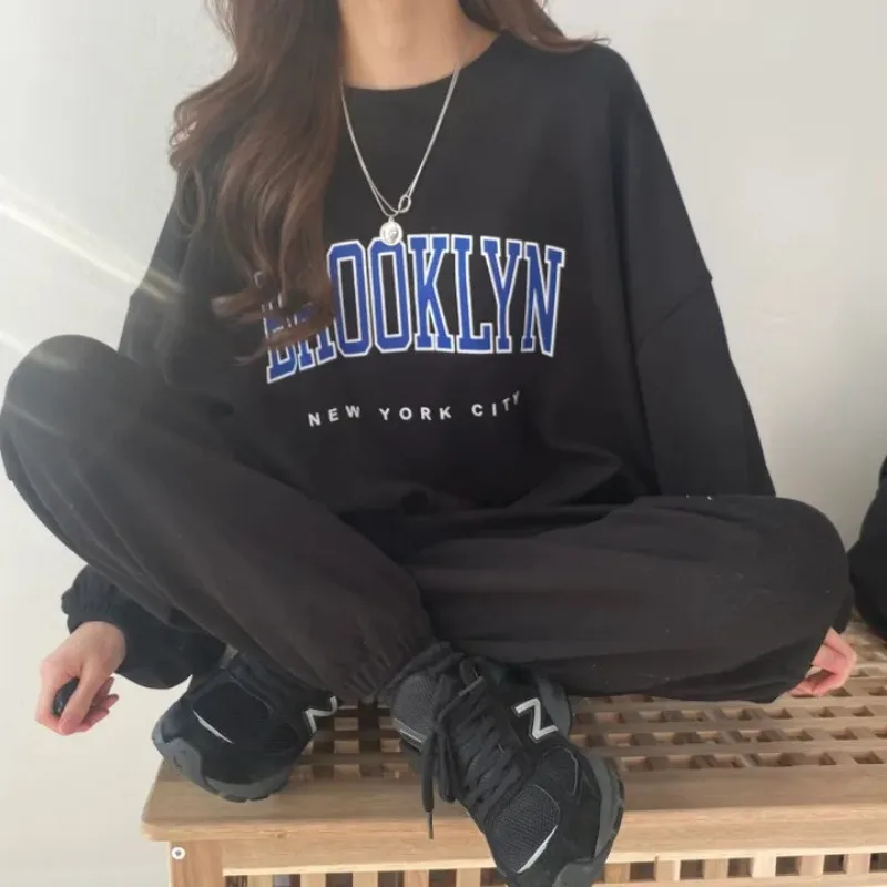 Casual Brooklyn Letter Print Fleece Sweatshirt Women Suit O-neck Two Piece Sets Womens Outfits 2023 Autumn Ladies Y2k Tracksuit