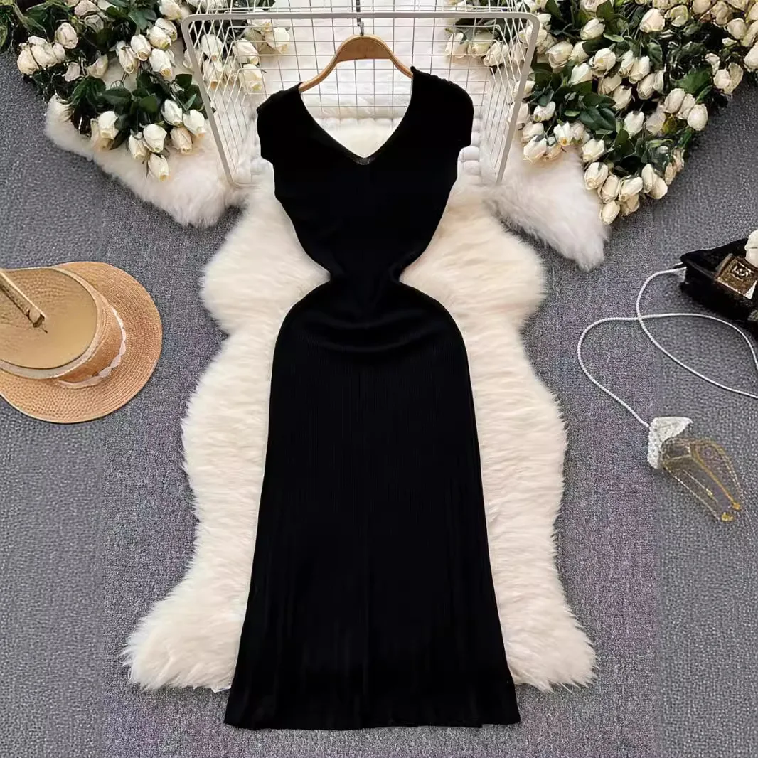 Langes Kleid für Damen, Fischschwanz-Kleider, gestrickt, Streetwear, V-Ausschnitt, ärmellos, elegant, figurbetont, Y2k, Party, Nacht, schmale Passform