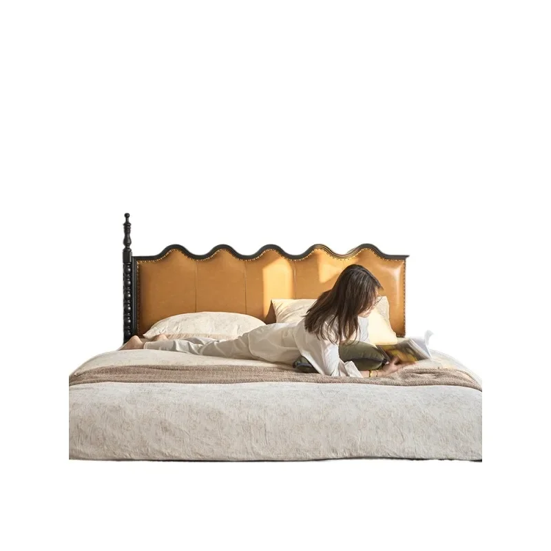 

Double solid wood soft bag leather bed master bedroom ripple bed American small apartment household bed