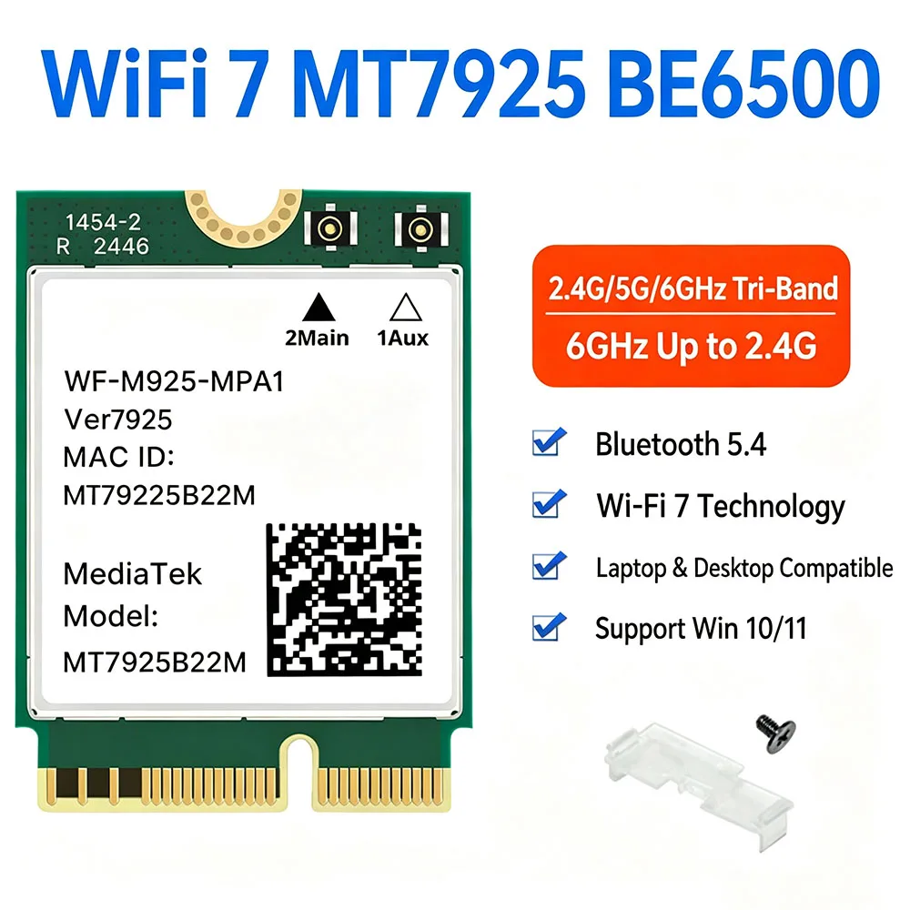 scheda-di-rete-wireless-wifi7-mt7925-be6500-m2-ngff-bt54-6500mbps-80211be-tri-band-24g-5g-6ghz-per-pc-intel-amd-win10-11