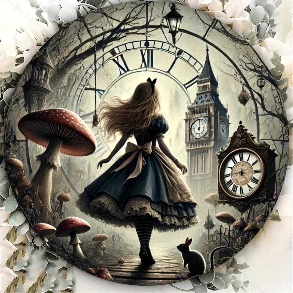 Enchanting Round Metal Wall Decor, Vintage Alice in Wonderland Theme, Waterproof, Great for Garage, Patio, Farmhouse At Xmas.