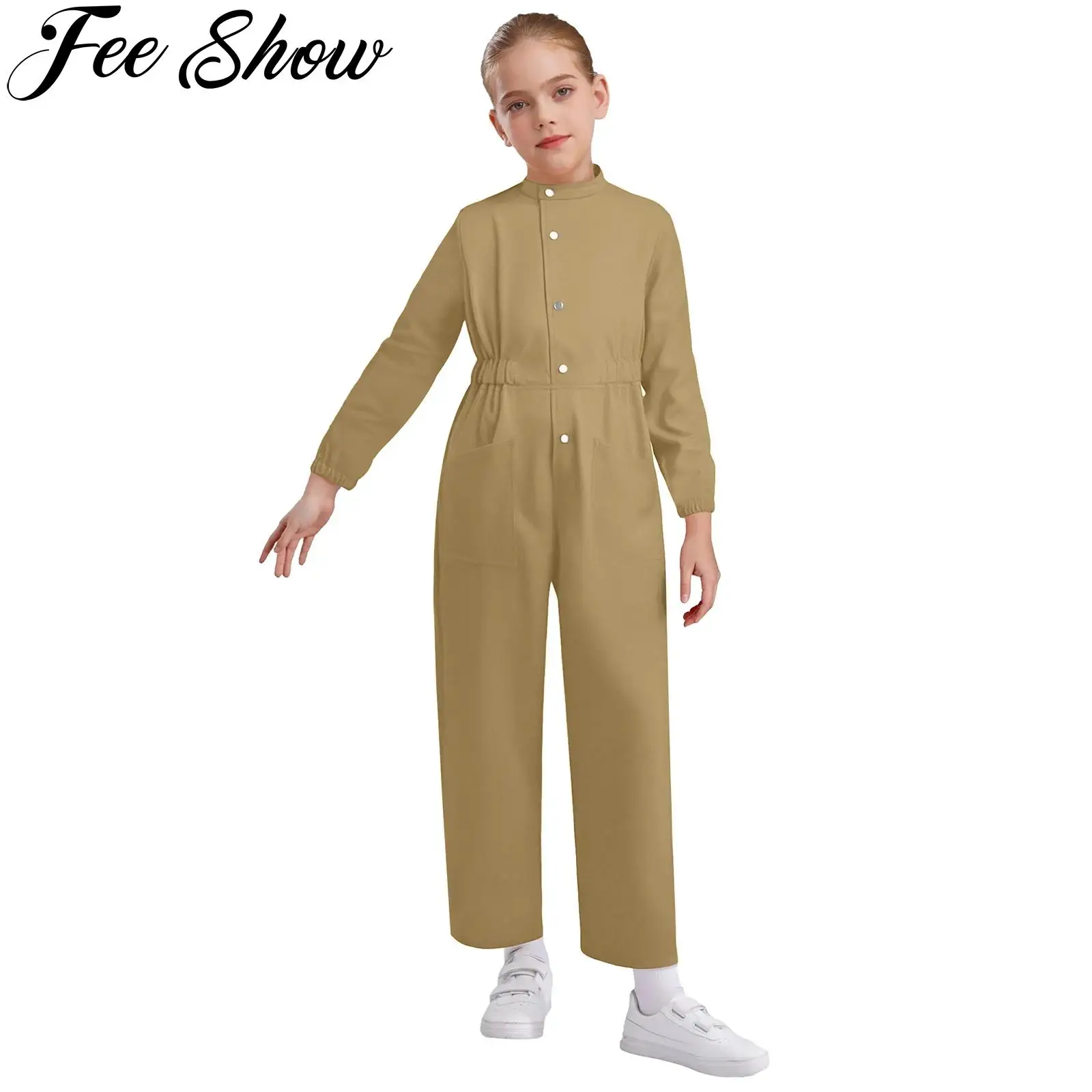 

Однотонный комбинезон для девочек, комбинезон с длинными рукавами и эластичной резинкой на талии, прямые комбинезоны с карманами, костюм для механика, летный костюм