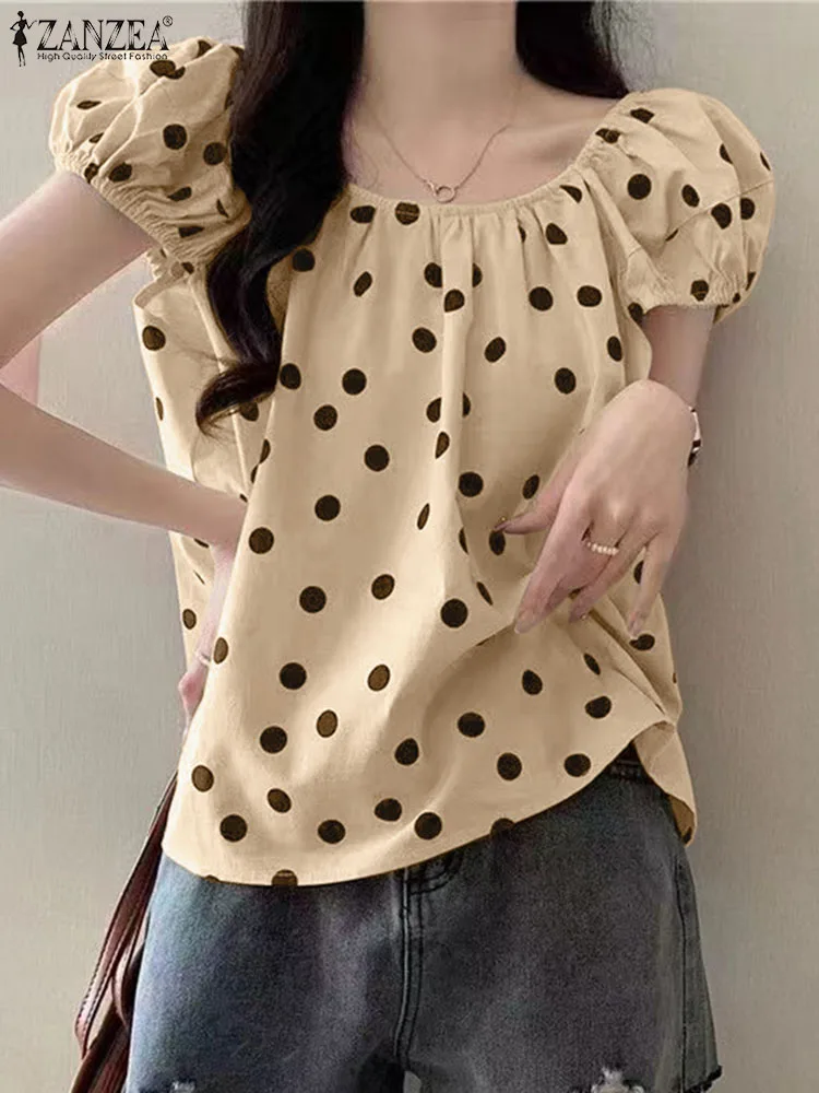 ZANZEA Women Polka Dot Blouse Elegant Puff Short Sleeve Tops Korean Fashion Round Neck Blusas Casual 2024 Summer Pleated Tops