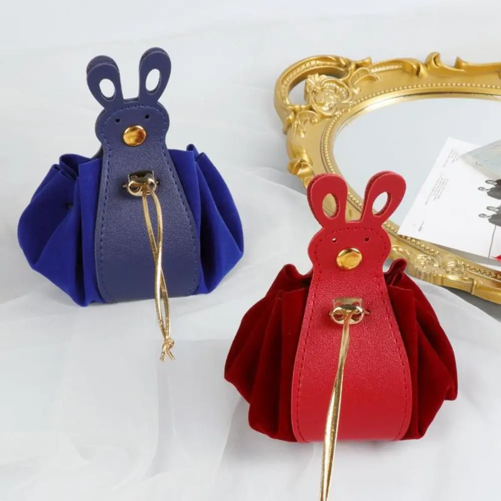 PU Leather Velvet Drawstring Bag Korean Style Storage Bag Cartoon Rabbit Ear Handbag Large Capacity New Year Festive Sugar Bag