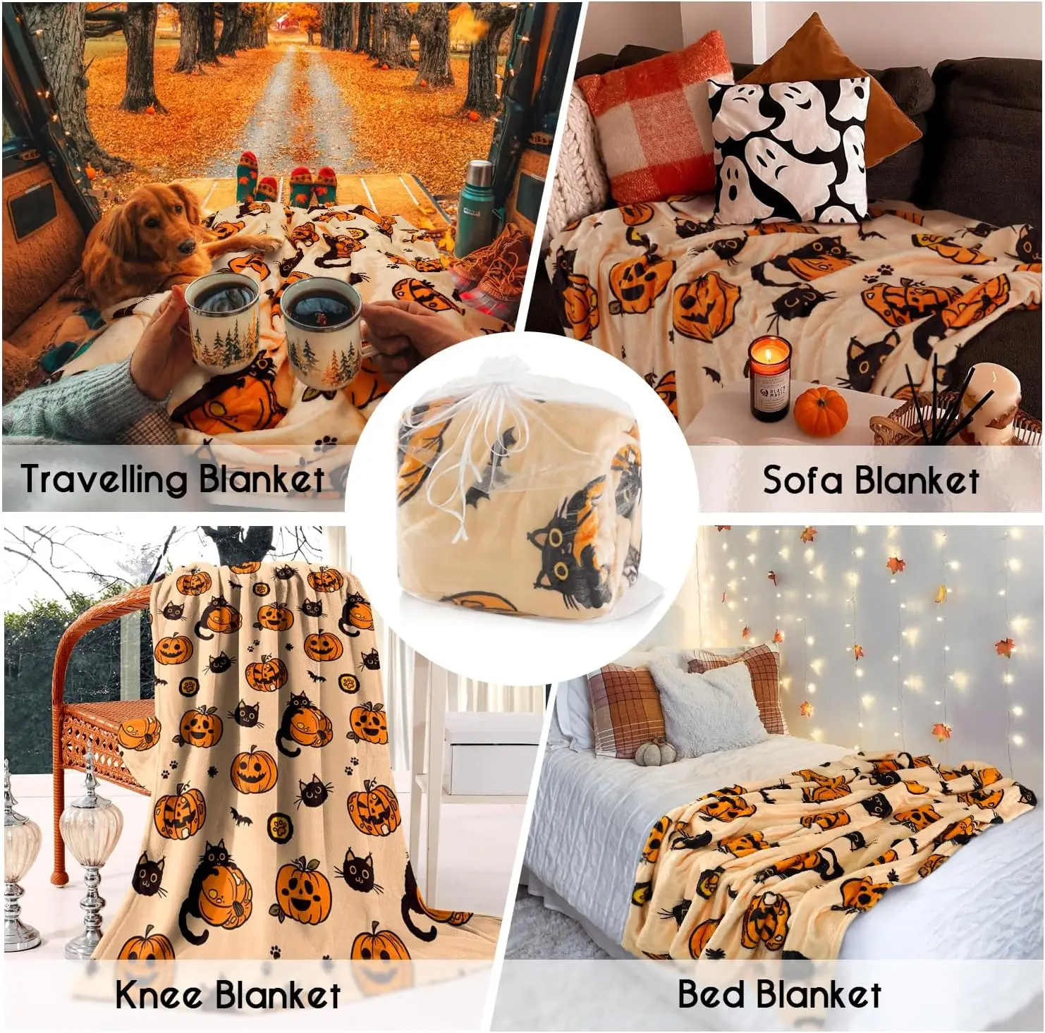 Halloween Blanket,Fall Halloween Black Cats Pumpkins Bats Spiders Fleece Blankets, for Women Flannel Throw Blanket for Home Living Room Couch Bed Chair or Dorm Decor 60