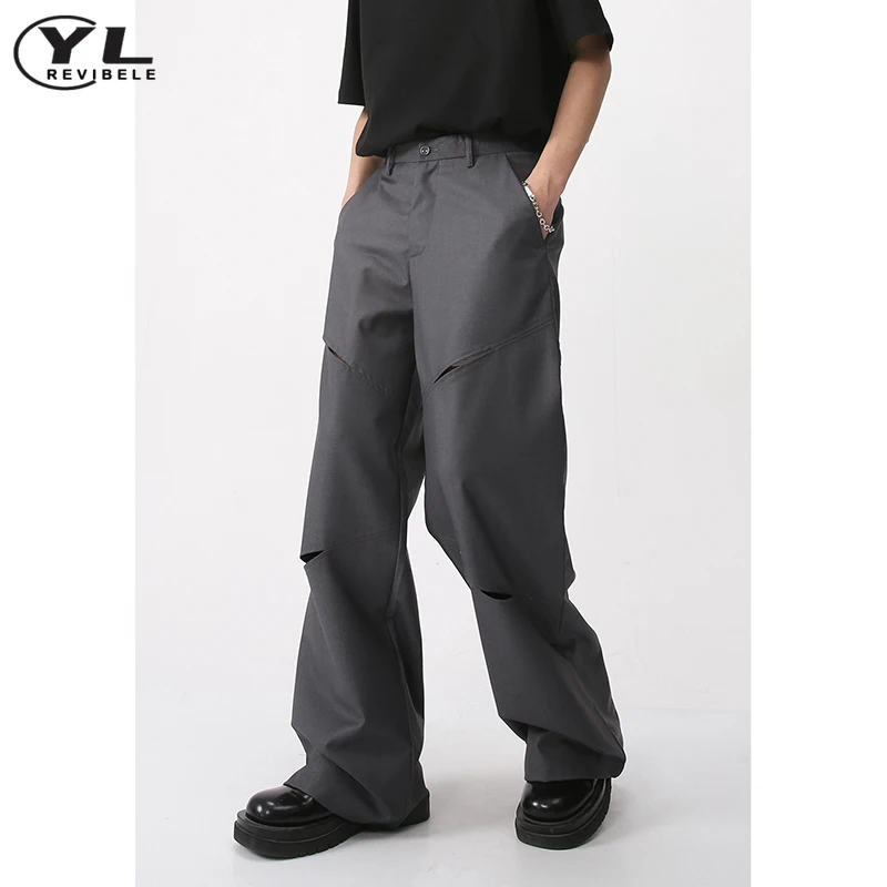 Men Baggy Casual Pant Spring Summer Korea Harajuku Cutting Hole Straight Pants Male High Street Fashion Wide Leg Trousers 2024