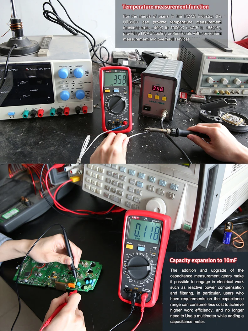 UNI-T UT39C+ Digital Multimeter Auto Range Tester Upgraded from UT39A/UT39C AC DC V/A Ohm /Temp /Frequency/HFE/NCV test