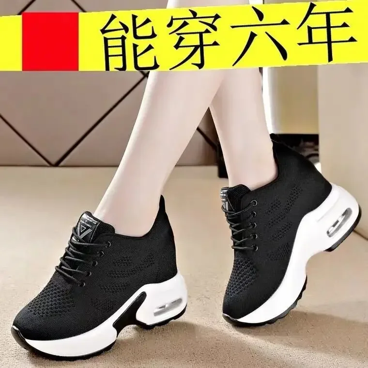 Women\'s Wedge Heel Platform Sneakers Platform Air Cushion Casual Inner Heightening Mesh Breathable White Sports Walking Shoes