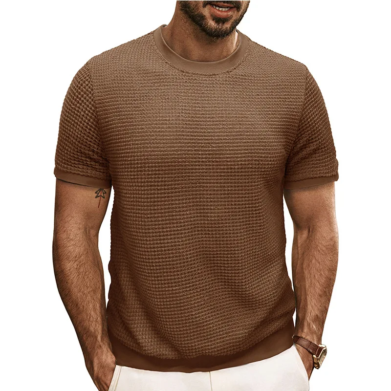 

Summer Men's Short Sleeve Knitted T-shirt Top Round Neck Top Breathable T-shirts