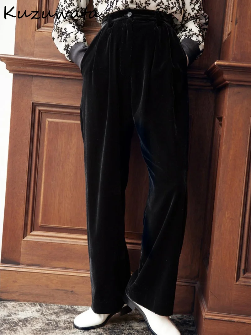 

Kuzuwata Velvet Casual Button Femme Pants High Waist Trousers 2024 Early Autumn New French Vintage Simple Women Pantalones