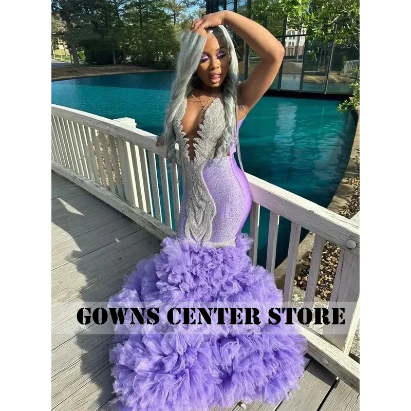 

Lilac Long Prom Dress For Black Girls Mermaid Sheer Ruffled Beaded Birthday Party Dresses Women Evening Gown Customized