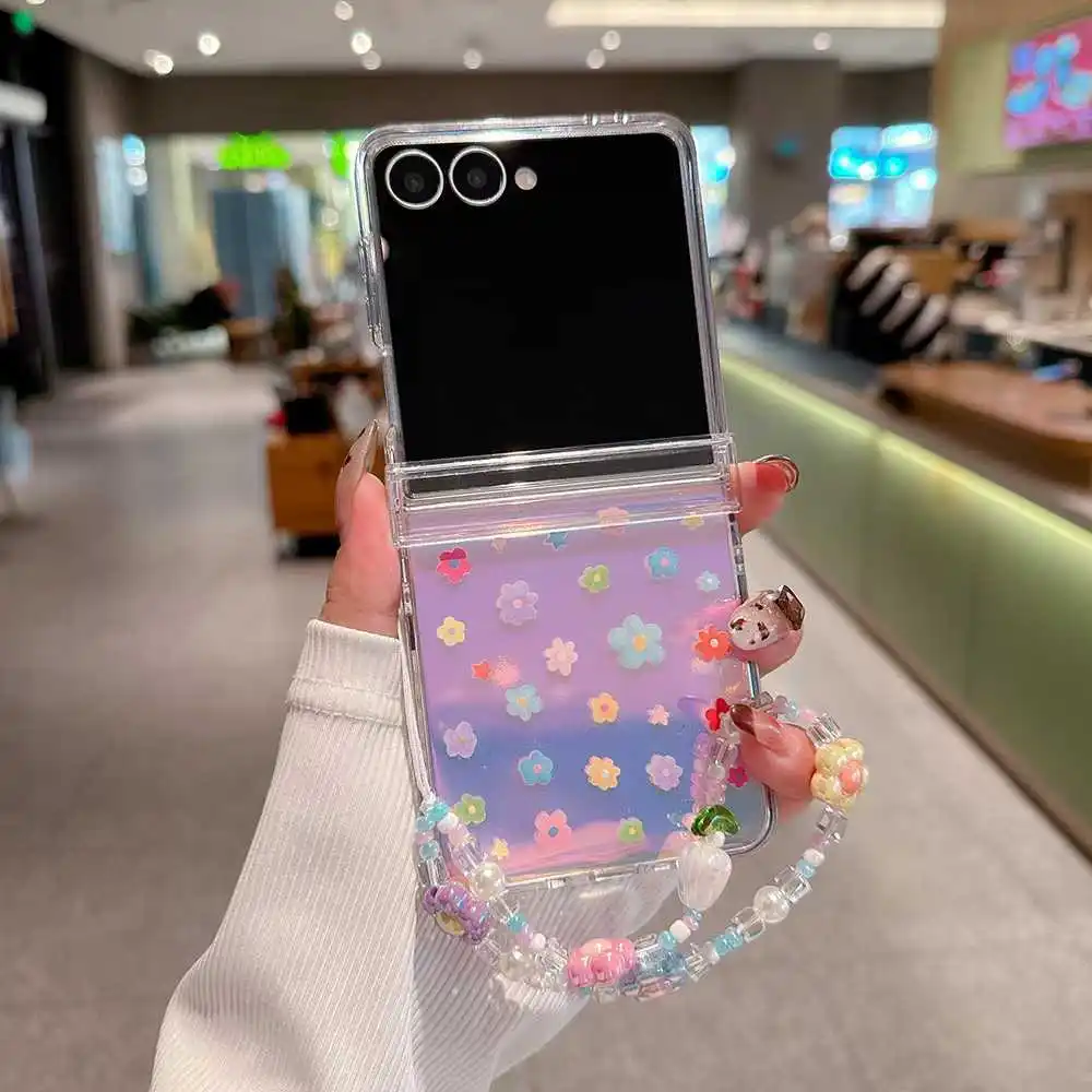 لسامسونج ZFlip 7 fe 6 5 حالة الصيف زهرة الفراولة الحب قوس قزح الديكور طوي غطاء الهاتف مع حبة ملونة الحبل #1