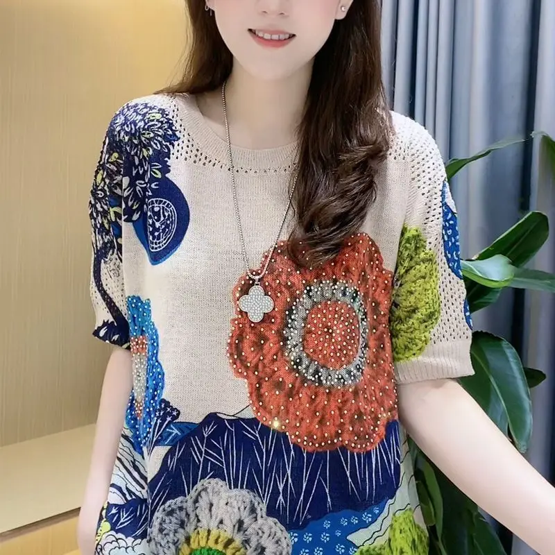 Fashion Vintage Short Sleeve Printed Tops Summer Women\'s Clothing Korean All-match Loose Round Neck Knitted Thin T-shirt Female