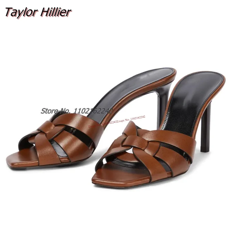 

Summer Braided Sandals Slippers Square Toe Stiletto Shallow Mouth Open Toe Simple Outerwear Versatile High Heel Drag Gladiator