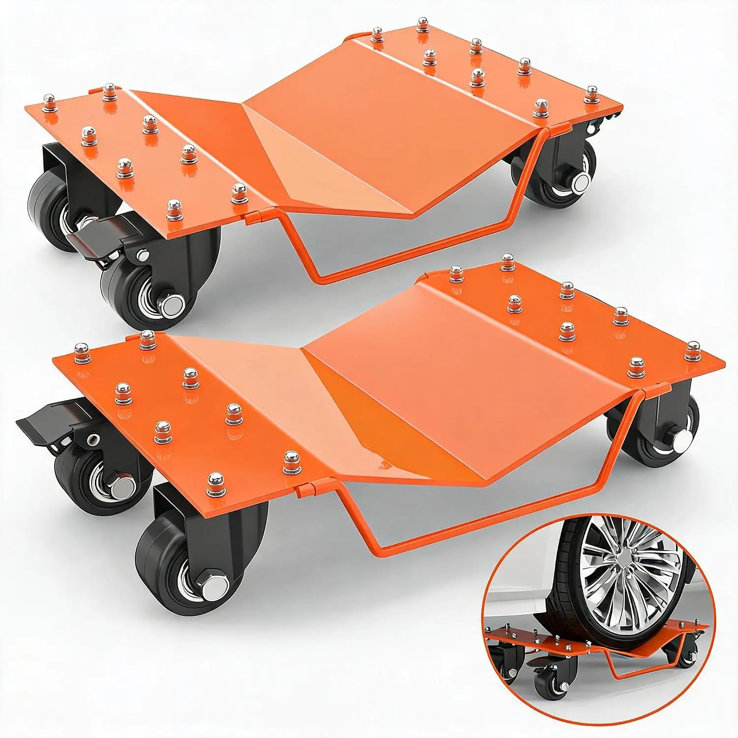 Paquete de 2 rodillos en forma de V para neumáticos de coche, con ruedas y asa, y rotación de 360 grados. ° Juego de ruedas de acero para mover vehículos pesados, con frenos, ideal para el