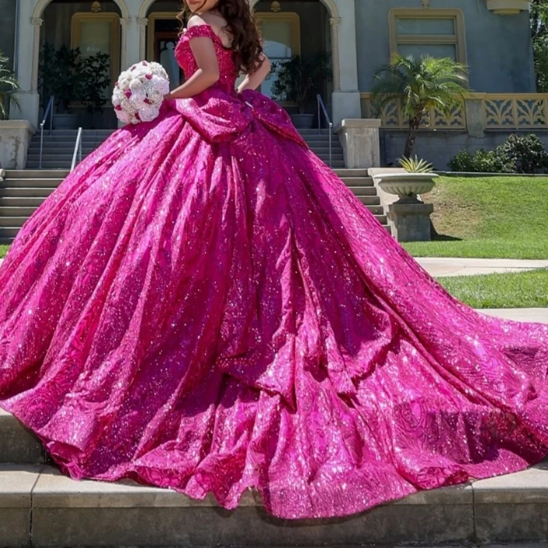 

Customized Shinny Fuchsia Quinceanera Dresses Ball Gown Cap Sleeve Bow Women Wedding Party Dress Prom Birthday Occasion 15 16