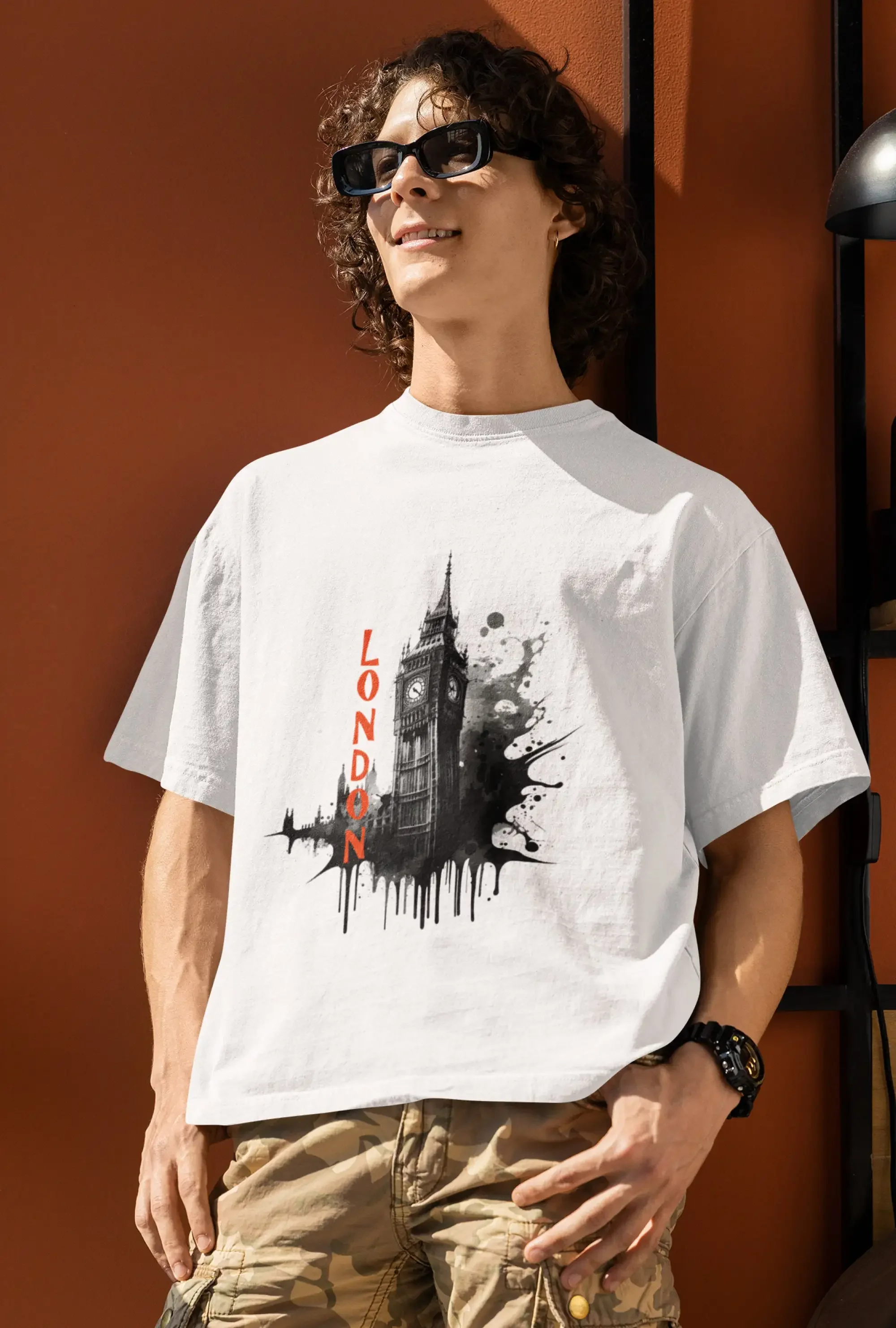 Camiseta de Londres de algodón grueso con gráfico icónico del Big Ben con efecto de salpicadura de tinta, camiseta de recuerdo turístico, regalo para viajeros