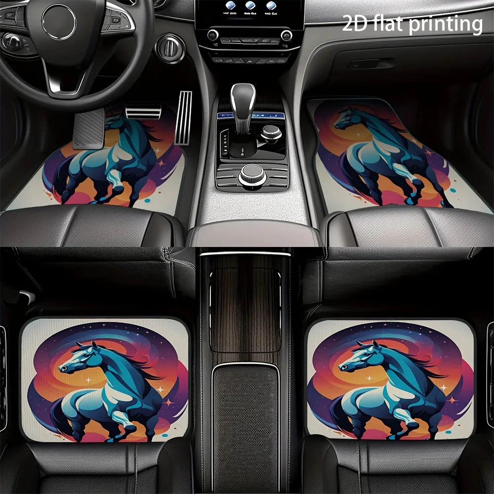 4pcs Car Floor Mats, Blue Galloping Horse Starry Sky Background Pattern, Universal Fit, Material, Easy To Clean, All-Season Use,