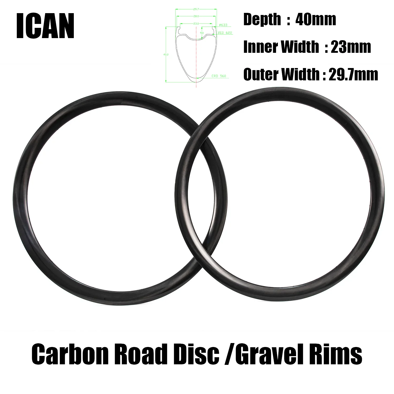 

ICAN Lightweight Carbon Fiber Road Disc /Gravel Rims Depth 40mm Inner/outer Width 23mm/29.7mm For Road Gravel Hook 700C Wheels