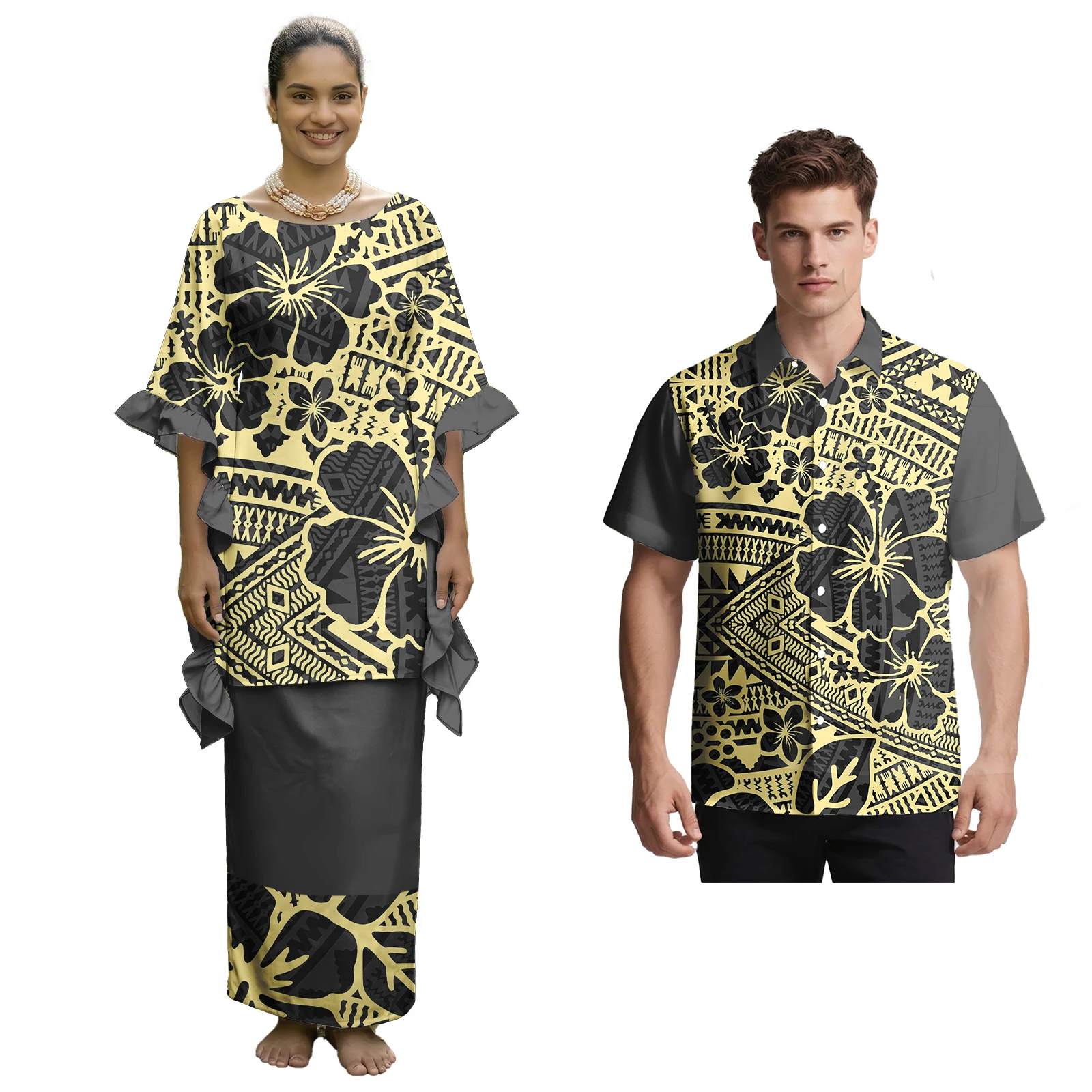New Arrivals Samoan Polynesian Women Puletasi Men Turn-down Collar Shirts Hawaiian Flowers Custom Church Sweet Lovers Clothing