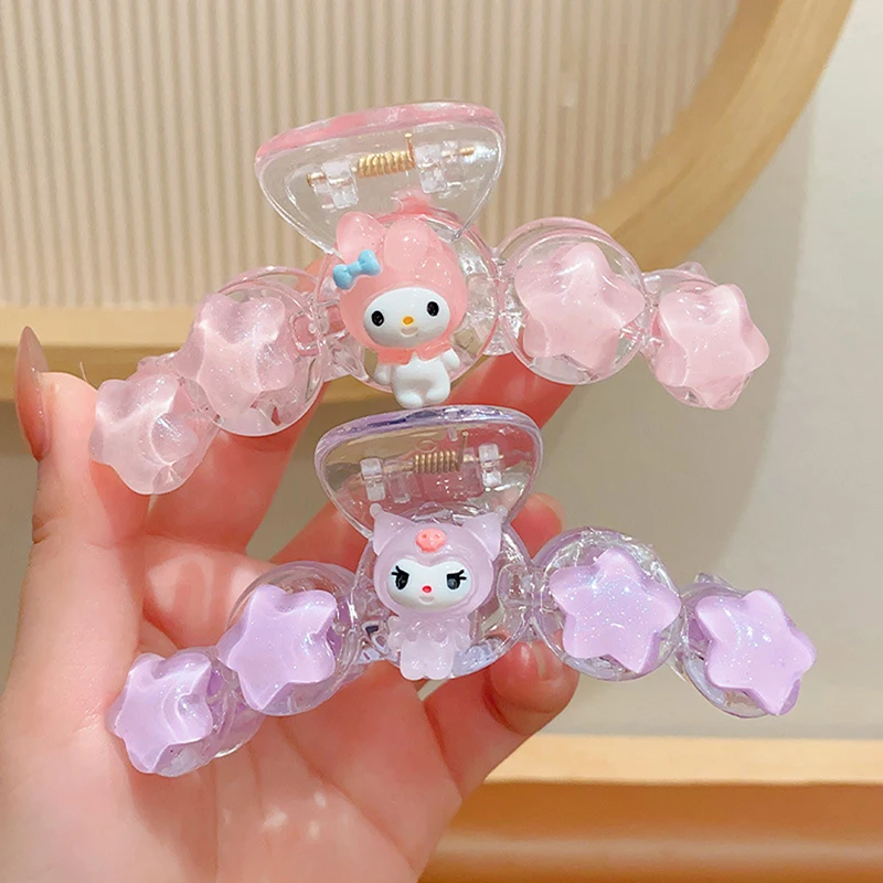 Sanrio  Melody Kuromi Hair Clip Fine Flash Transparent Cartoon Shark Clip Girl Heart Ponytail Hairpins Anime Hair Accessories