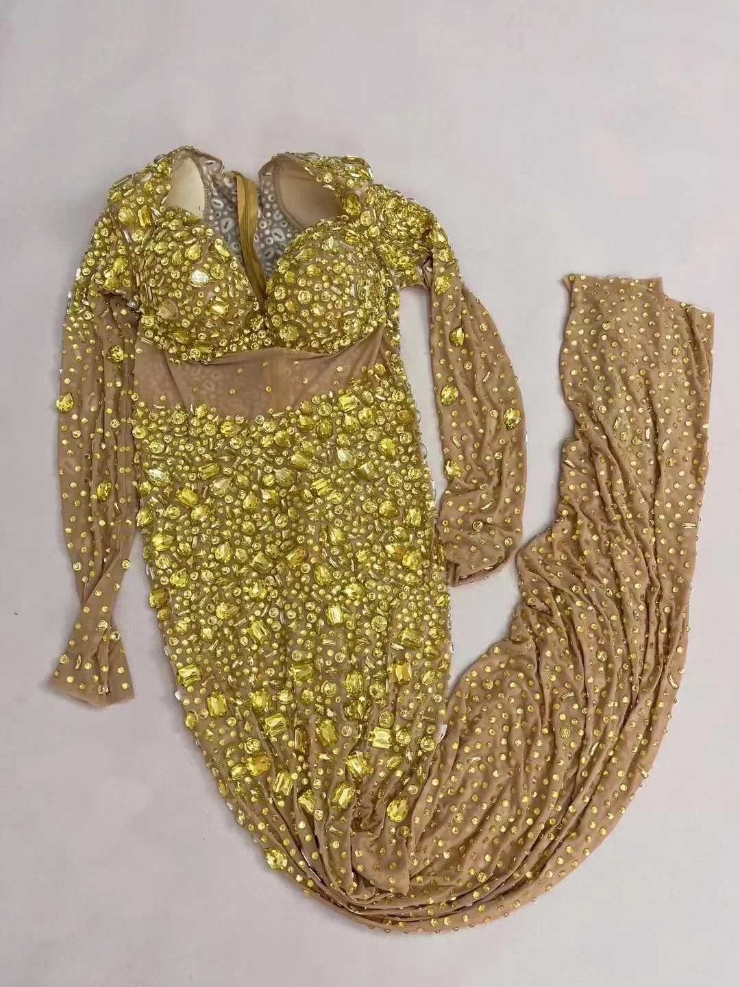 Vrouwen Cocktail Party Jurken Verjaardag Stadium Fotoshoot Kostuum Sexy Podium Elegante Luxe Avond Shining Gold Rhinestones Jurk