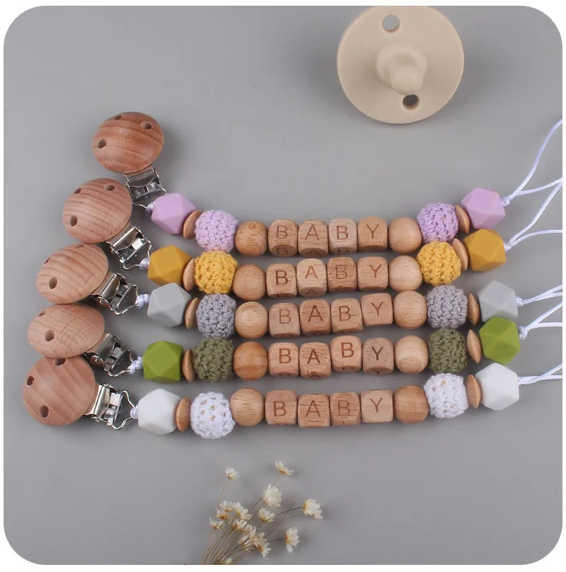 Baby Pacifier Chain Clips Wood Pentagram Teether Silicone Round Beads Teething Chain For Care Soother Chew Toys