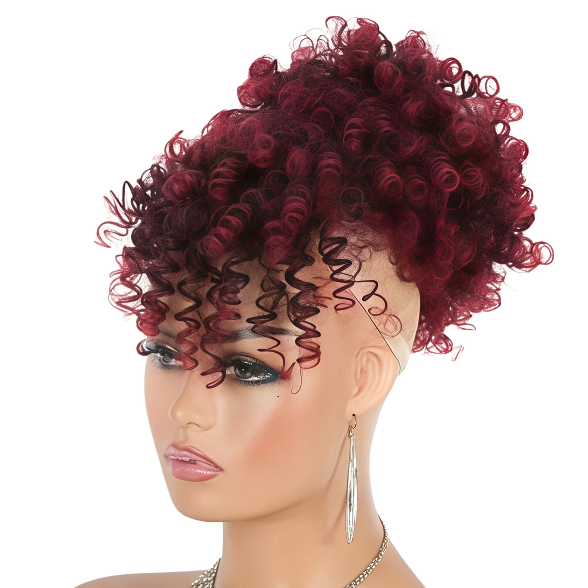 Short Curly Afro Puff DraIOtring Ponytail, bre Burgundy Synthetic Hair Bun with Bangs, Kinky Curly Updo Hairpiece for Women