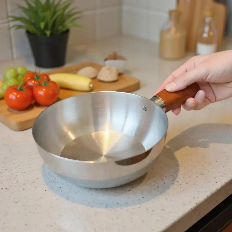 Single-person Pot Stainless Steel Bowl Walnut Wood Handle Fruit Salad Yogurt Bowl Breakfast Cooking Tool Kitchen Restaurant