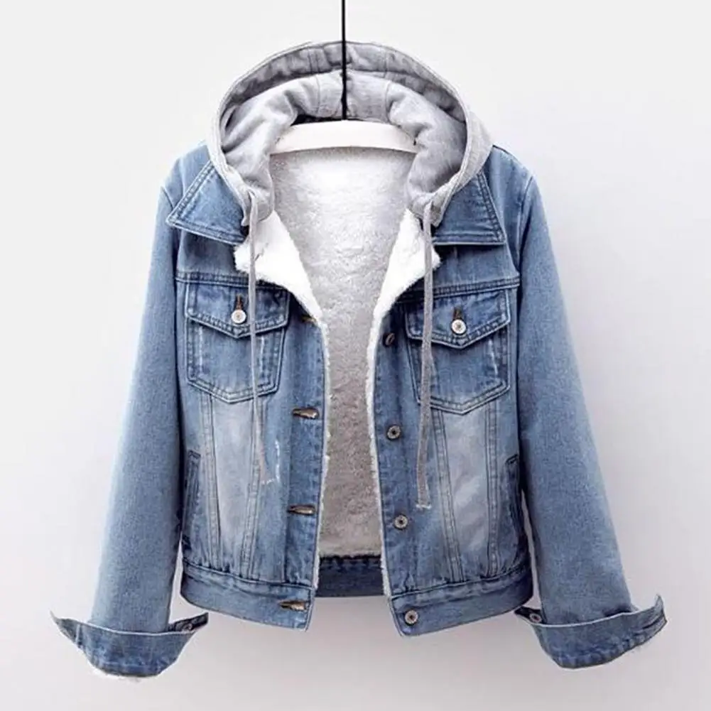 Women Denim Jacket Winter Plush Denim Coat Hooded Detachable Hat Thick Keep Warm Turn-down Women Thermal Jacket Female Outerwear