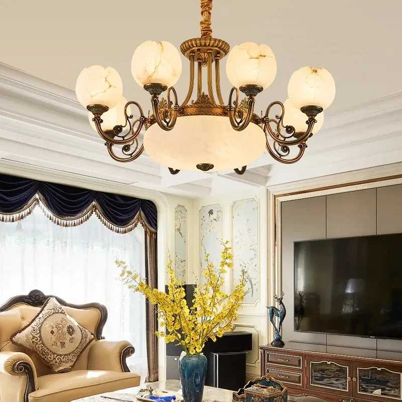 European chandelier, living room lamp, luxury retro American bedroom, dining room, natural marble all-copper lamps imported from