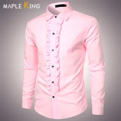 Men Ruffle Frill Elegant Dress Shirts Long Sleeve Luxury Clothes Button Down Party Dinner Tuxedo Shirt Vinatge Mens Blusas Tops