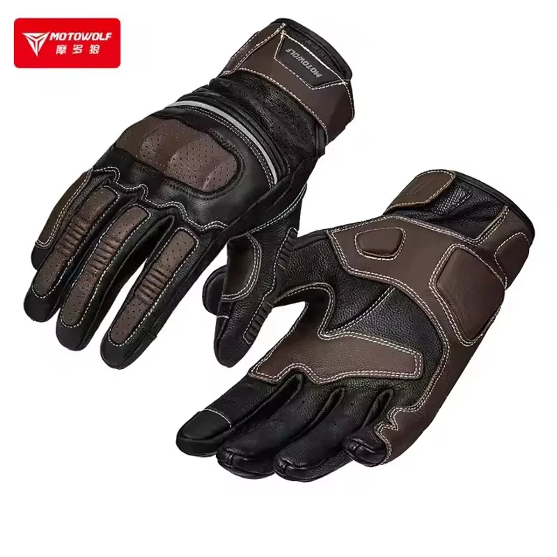 MOTOWOLF, guantes de moto de cuero perforado Retro de verano para hombres y mujeres, guantes protectores de cuero para carreras de motos con dedos completos