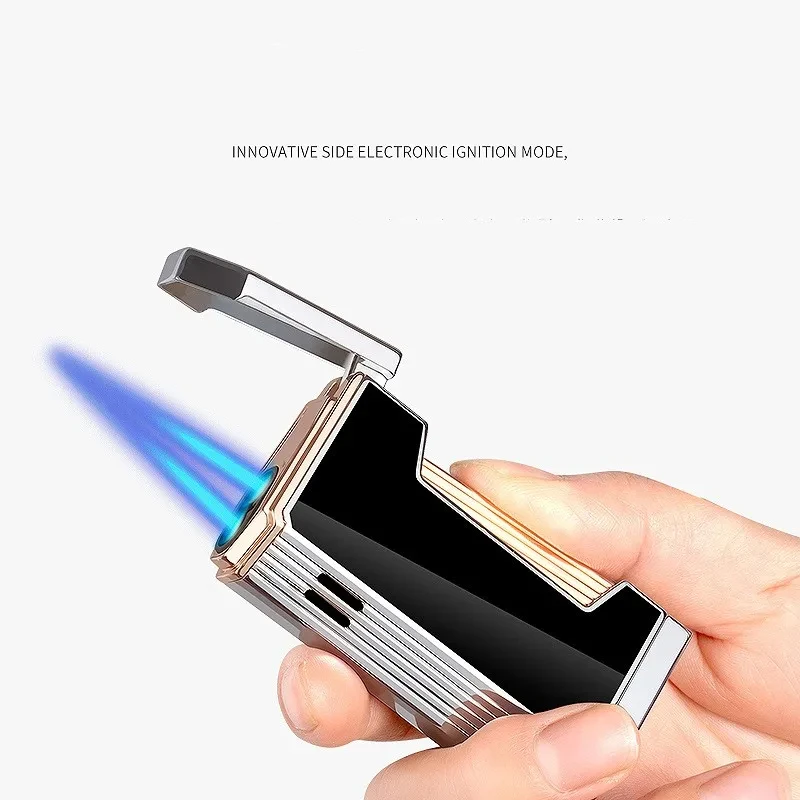 Portable Double Blue Flame Turbo Torch Gas Metal Lighter Outdoor Barbecue Kitchen Cigar High-flame Lighter High-end Men\'s Gifts