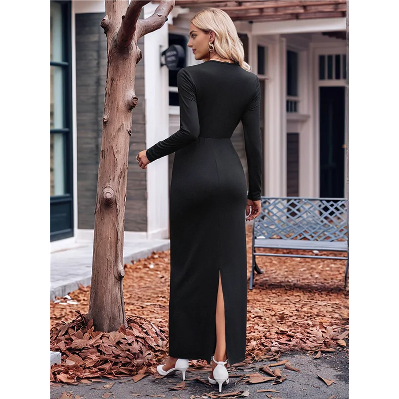 

FX-Женское гостевое платье со рюшами и длинными рукавами, облегающее вечернее платье с разрезом и v-образным вырезом, однотонные длинные платья с витой талией, осень