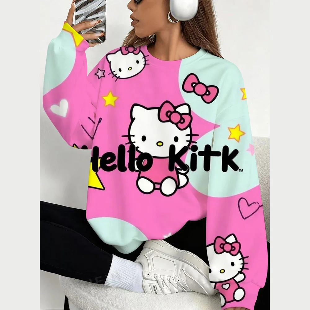 Women Hoodies Halloween Hello Kitty Print Sweatshirt Women Fashion Crew Neck Pullover Hoodie Hello Kitty Female Coat