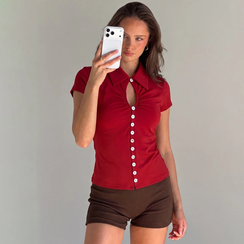 

Ticketsx Summer Sexy Hollow Out Top Fashion Solid Lapel Button Slim Cardigan T-Shirt Vintage New Vacation Streetwear Women's Top