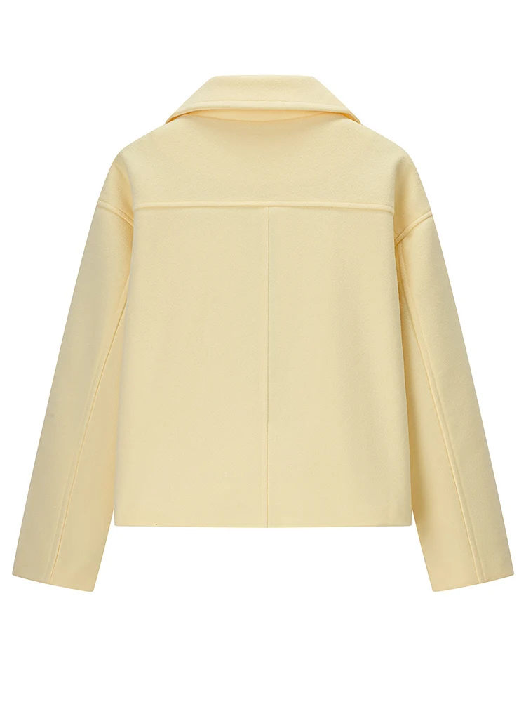 معطف صوفي قصير أصفر للنساء 2025 خريف جديد أنيق موضة التلبيب طوق مزدوجة الصدر كم كامل معاطف ملابس خارجية غير رسمية