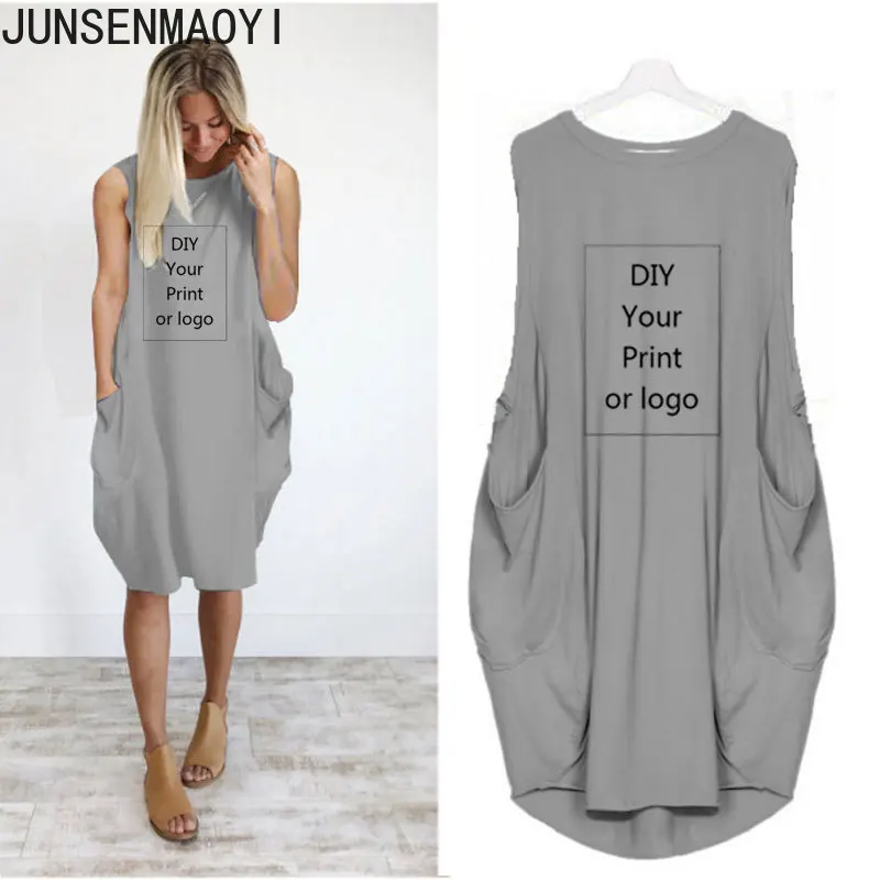 2022 New DIY Your like Photo or Logo Women Dress Pocket Loose Sleeveless Print Dress Clothing Summer Dresses