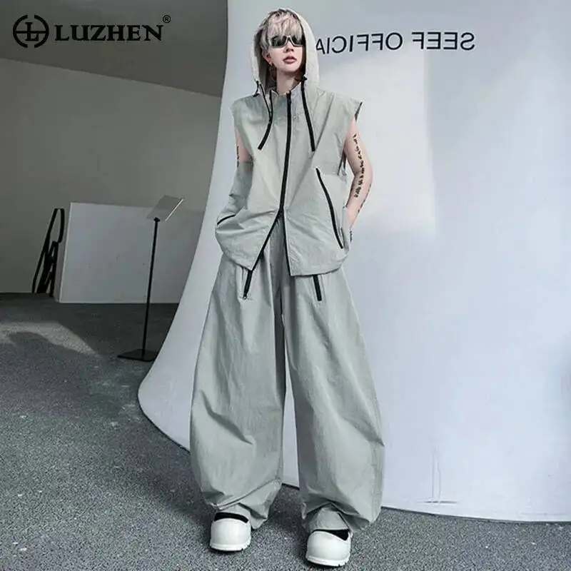 LUZHEN Loose Trendy New Two-piece Sets Men's 2026 Summer Straight Pants Male Hooded Street Wear Hooded Sleeveless Tops JY7324