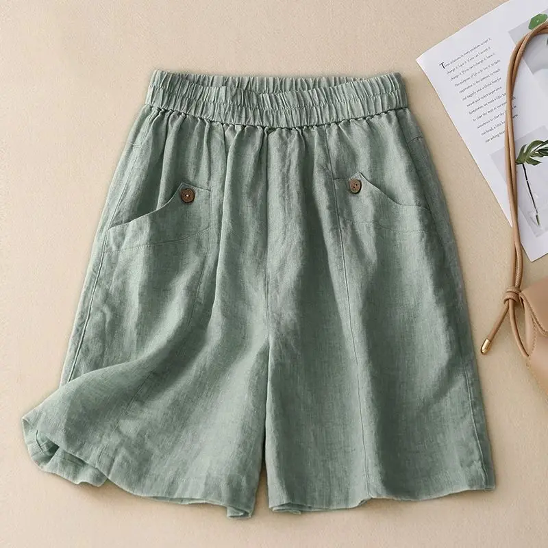 

Cotton linen solid color high-waisted shorts female summer new Korean version of the loose temperament casual straight wide-leg