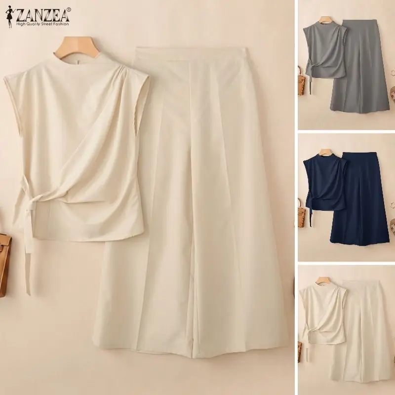 Modische Sommer 2-Teilige Sets ZANZEA Damen Hosenanzug Kurzarm Schnürbluse Weite Hose Sets Einfarbig OL Arbeitsoutfit