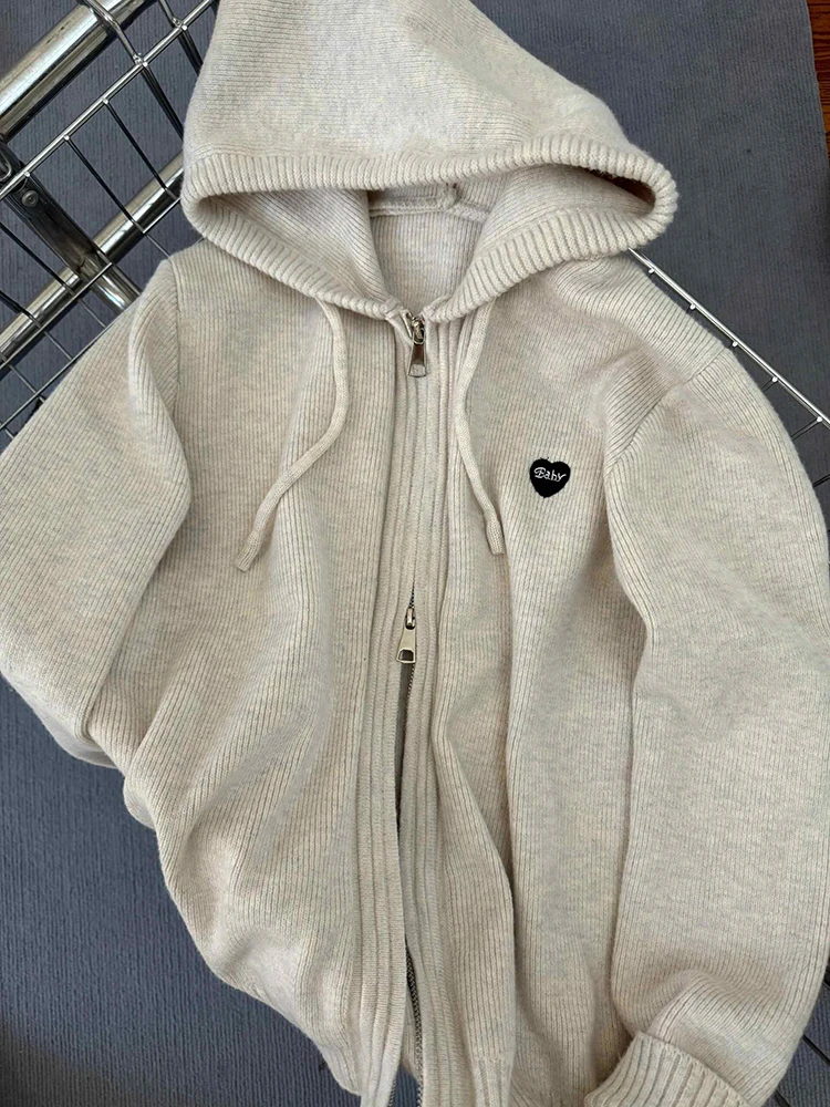 Apricot Hooded Sweater Coats Women Autumn New Heart-shaped Embroidery Loose Knitted Cardigans Fashion Double Zipper Warm Tops