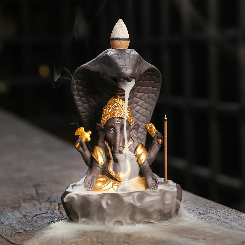Kreativer Rückfluss-Räuchergefäß, lila Ton, Kunsthandwerk, Räucherstäbchenhalter, Schlangenform, Elefant, Gott, kleiner Buddha, Rückfluss-Räuchergefäß