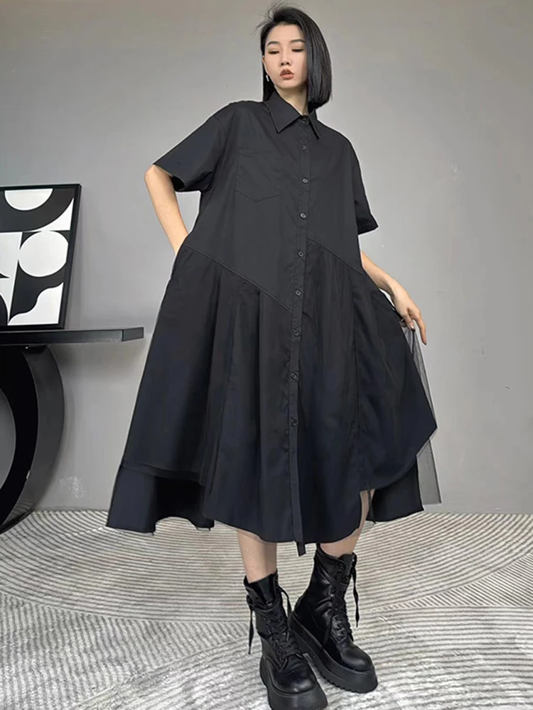 XITAO Gauze Patchwork Short Sleeve Shirt Dress Irregular Temperament Loose Casual Solid Color 2024 Women New Dress ZY8658